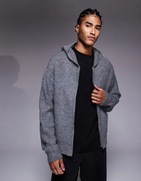  Faded Store Knitted Zip Up Hoodie In Grey 