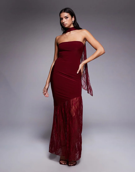  Fashionkilla Exclusive Double Sculpted Slinky Bandeau Sheer Lace Hem Scarf Detail Maxi Dress In Burgundy Red 