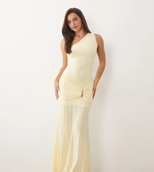  Fashionkilla Exclusive Double Sculpted Slinky One Shoulder Metal Drape Detail Maxi Dress In Lemon Yellow 