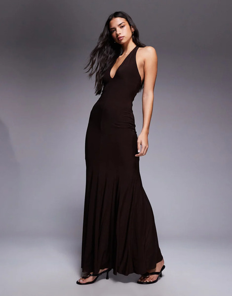  Fashionkilla Exclusive Double Sculpted Slinky Plunge Halterneck Godet Hem Maxi Dress In Chocolate Brown 