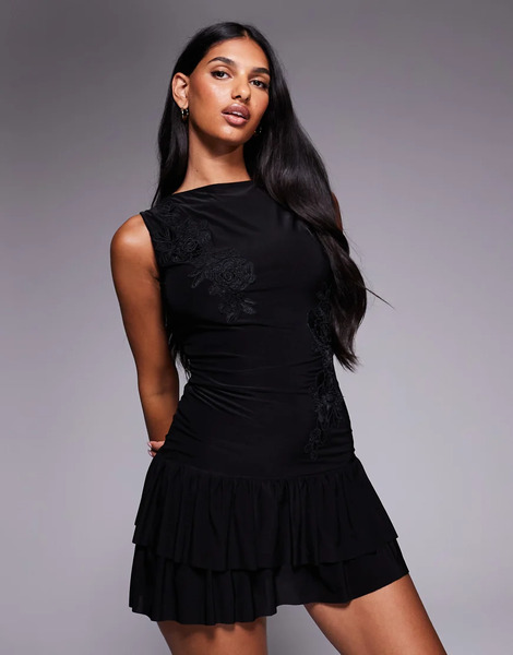  Fashionkilla Exclusive Double Sculpted Slinky Slash Neck Low Back Ruffle Hem Flower Applique Mini Dress In Black 