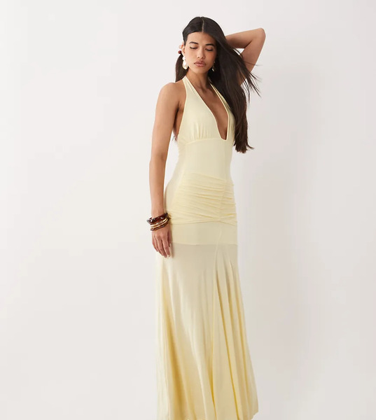  Fashionkilla Exclusive Double Sculpted Slinky V Neck Halterneck Ruched Front Detail Maxi Dress In Lemon Yellow 