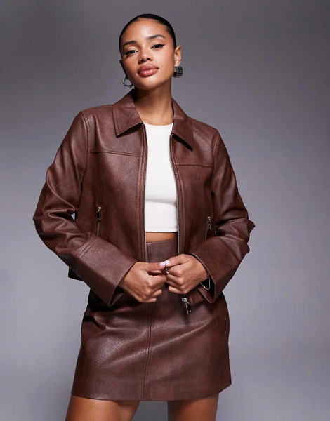  Forever New Pu Jacket Co Ord In Walnut Brown 