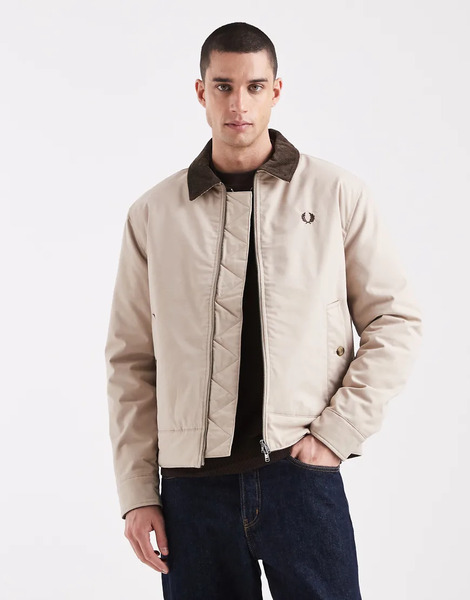  Fred Perry Oversized Jacket With Cord Contrast Collar In Ecru Neutral 