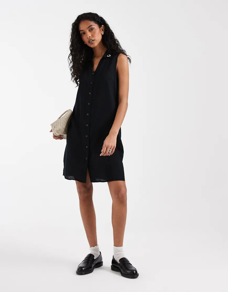  Fred Perry Sheer Stripe Sleeveless Mini Dress In Black 