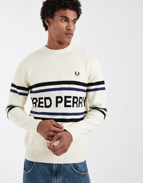  Fred Perry Stripe Logo Graphic Knit Jumper In Ecru White 