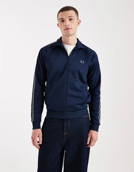  Fred Perry Tramline Tape Logo Track Jacket In Dark Blue 