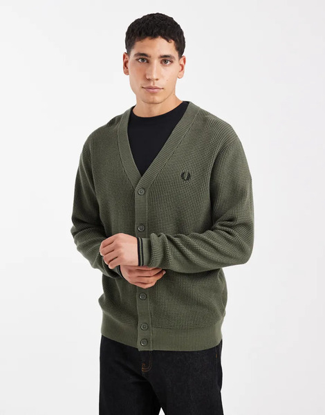  Fred Perry Waffle Cardigan In Khaki Green 