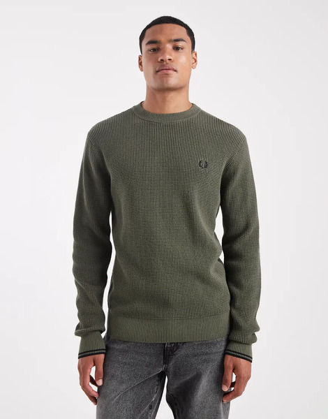  Fred Perry Waffle Jumper In Khaki Green 