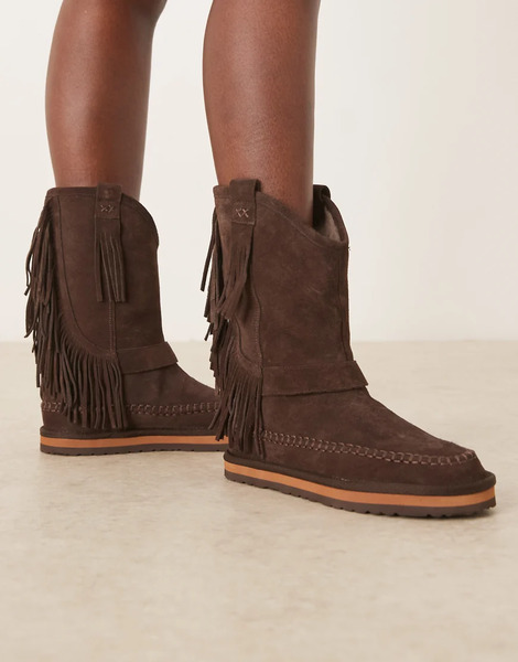  Free People Faye Fringe Pull On Boots In Chocolate Brown 