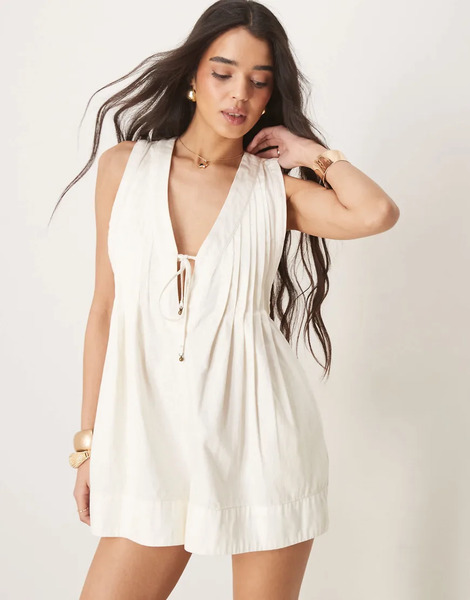  Free People Webster Tie Front Romper In Washed Ecru White 