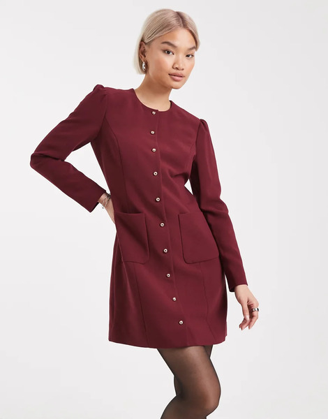  French Connection Button Through Tailored Mini Dress In Burgundy 