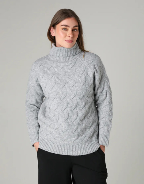  French Connection Cable Knit Roll Neck Long Sleeve Jumper In Light Grey 