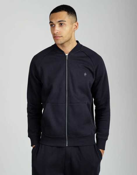  French Connection Cotton Blend Baseball Style Bomber Zip Fleece In Navy 
