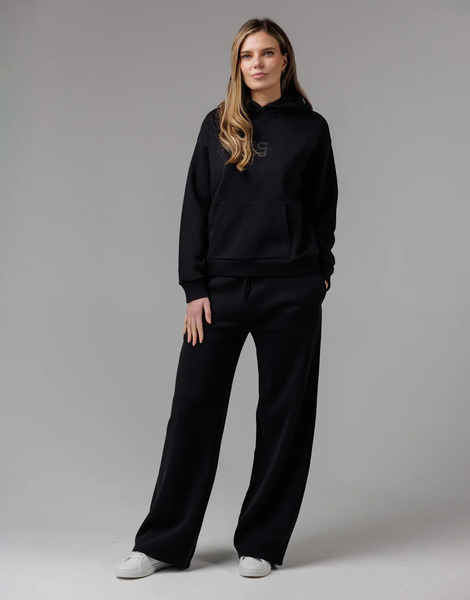  French Connection Cotton Blend Elasticated Wide Leg Joggers In Black 