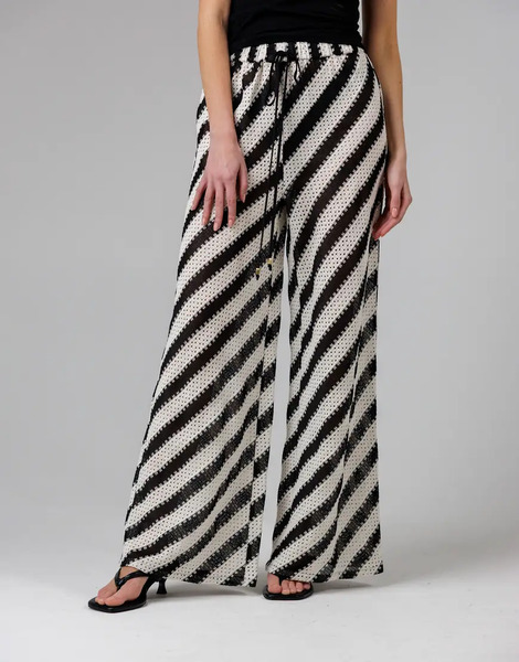  French Connection Cotton Blend Stripe Crochet Elasticated Drawstring Wide Leg Trousers In Black 