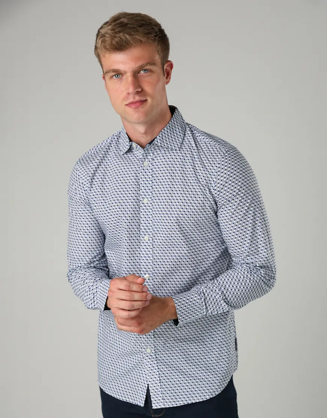  French Connection Cotton Long Sleeve Cube Design Shirt In Navy 