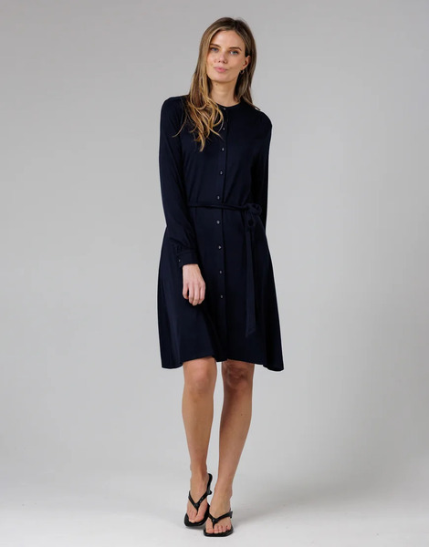  French Connection Cotton Stretch Grandad Collar Long Balloon Sleeve Button Self Tie Midi Dress In Navy 