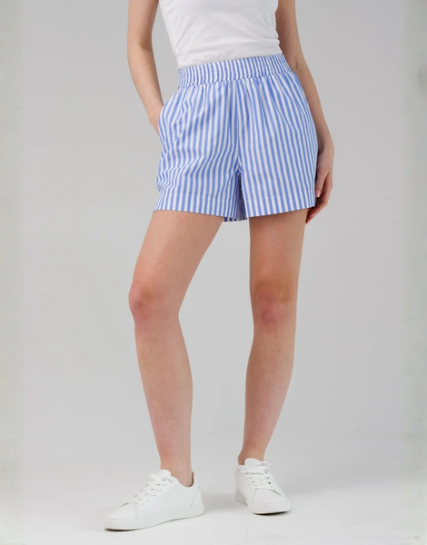  French Connection Cotton Striped Elasticated Waist Shorts In Blue 