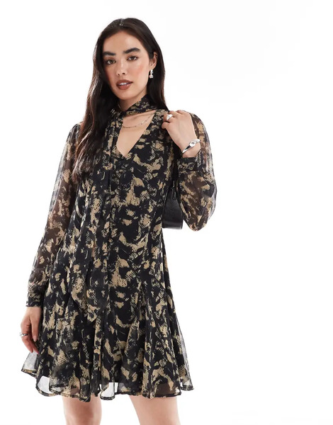  French Connection Crinkle Chiffon Mini Dress With Tie Neck In Multi 