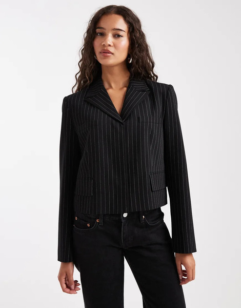  French Connection Cropped Blazer In Black Pinstripe 