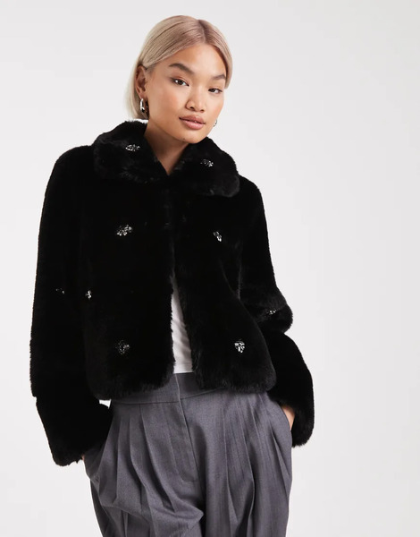  French Connection Embellished Cropped Faux Fur Coat In Black 