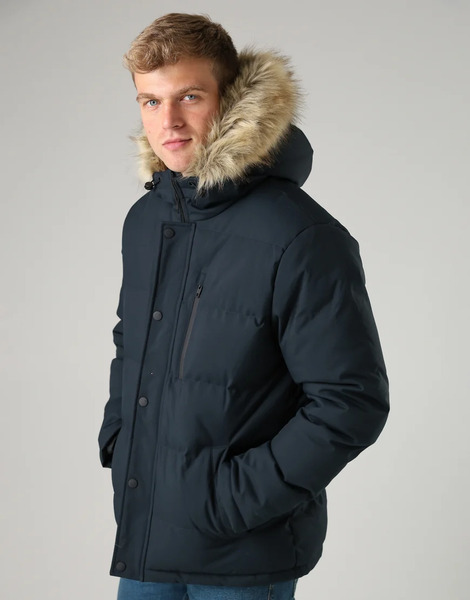  French Connection Faux Fur Hooded Padded Parka Mid Length Jacket In Navy 