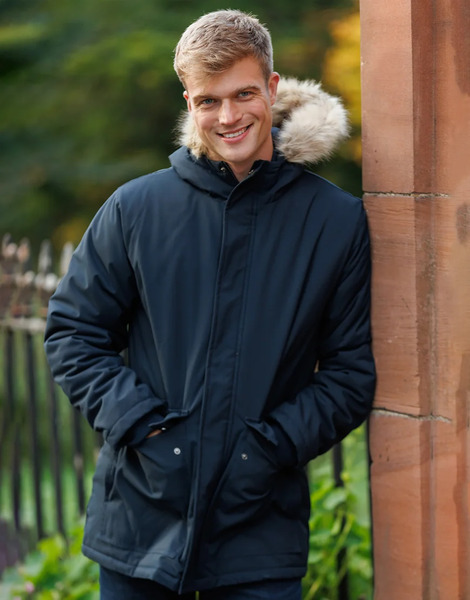  French Connection Faux Fur Hooded Parka Longline Zip Through Jacket In Navy Blue 