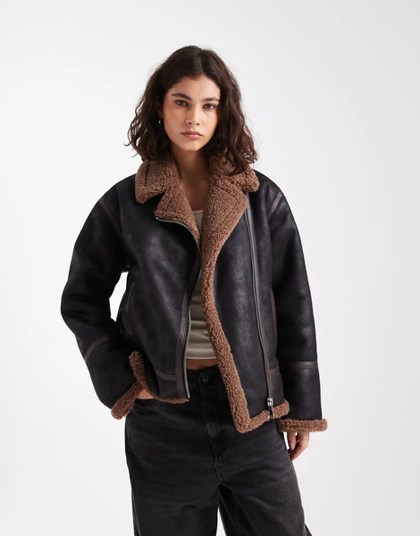  French Connection Faux Suede Borg Lined Biker Jacket In Black And Brown 