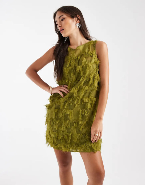  French Connection Fringed Chiffon Mini Dress In Olive Green 