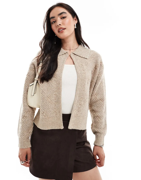  French Connection Kitty Faux Pearl Collared Cardigan In Almond Neutral 