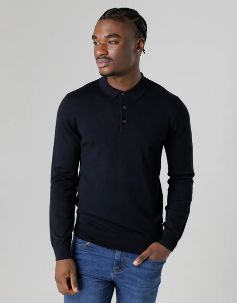  French Connection Long Sleeve Button Polo Top In Navy 
