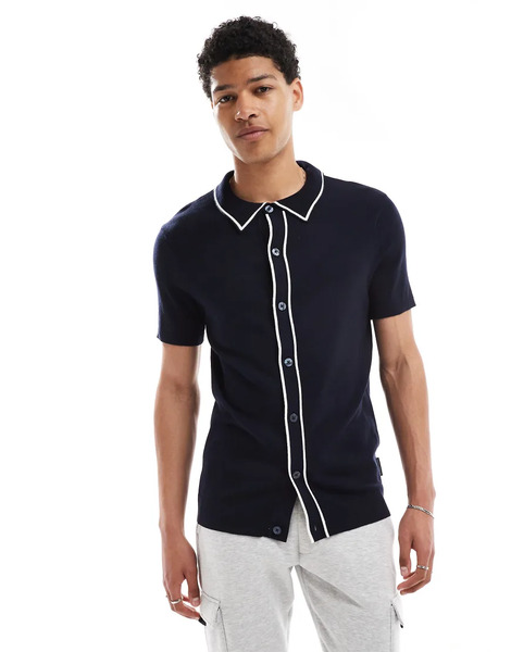  French Connection Tipped Knitted Button Through Polo In Navy And Ecru Multi 