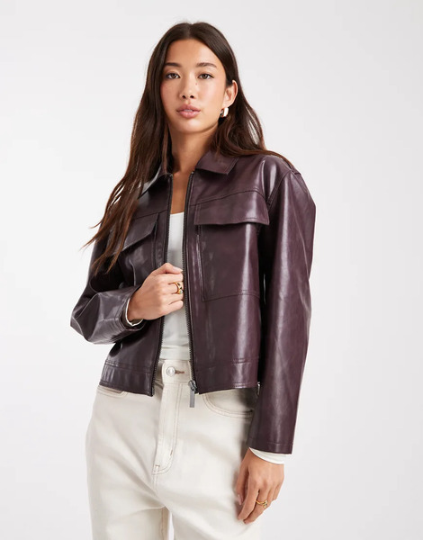  French Connection Pu Cropped Boxy Jacket In Plum Red 