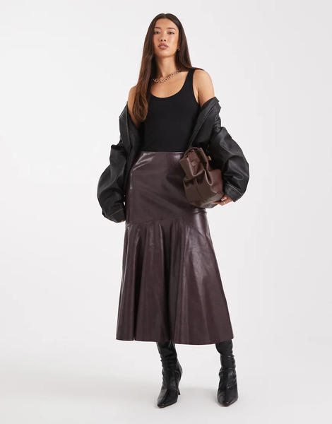  French Connection Pu Fluted Midi Skirt In Plum Red 