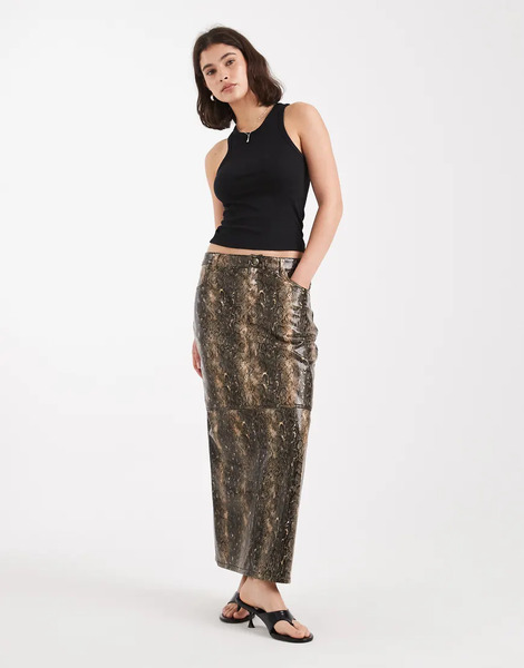  French Connection Pu Snake Print Midi Skirt In Multi 
