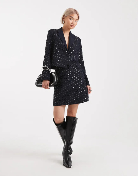  French Connection Sequin Embellished Mini Skirt Co Ord In Navy 