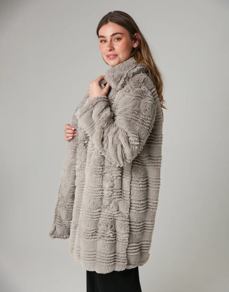  French Connection Textured Faux Fur Large Lapel Collar Button Coat In Light Grey 