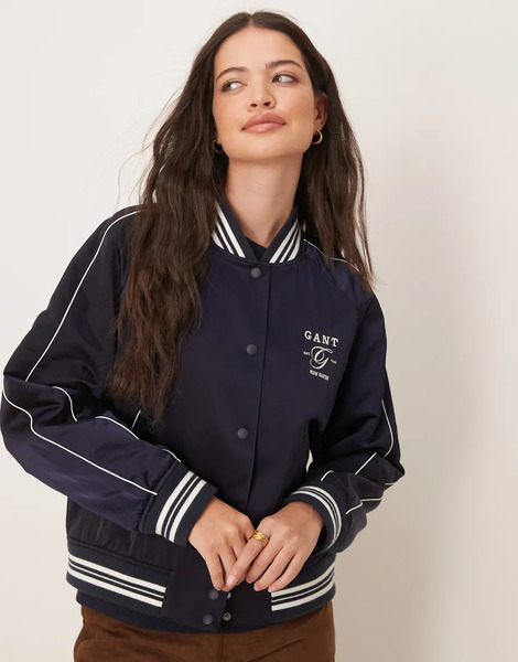  Gant Satin Logo Varsity Bomber Jacket In Navy 