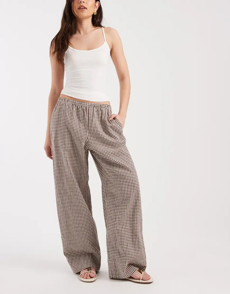  Gap Checked Pull On Linen Mix Trouser In Brown 