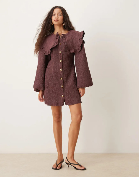  Ghospell Oversized Collar Mini Dress In Brown 