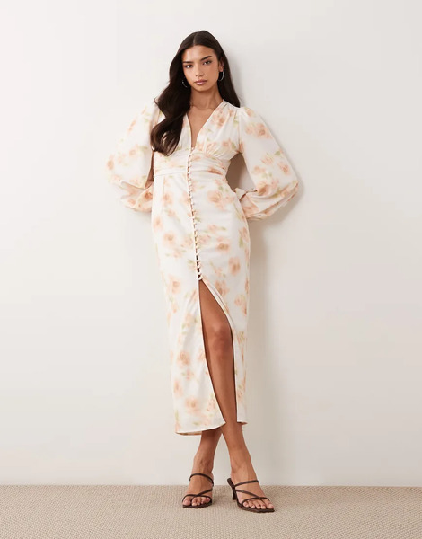  Gina Tricot Balloon Long Sleeve Satin Button Front Midi Dress With Front Split In White With Light Pink Floral Print 