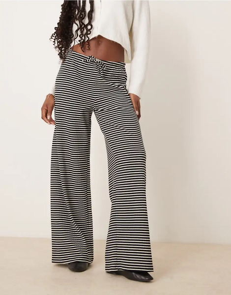  Gina Tricot Supersoft Jersey Wide Leg Trousers With Drawstring Waist In Black And White Stripe Multi 