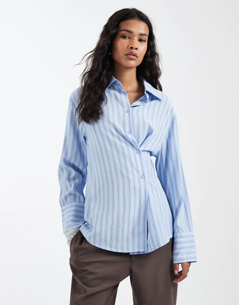  Glamorous Asymmetric Button Fitted Shirt In Blue Stripe Multi 