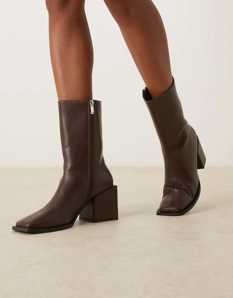  Glamorous Block Heel Square Toe Boots In Brown Micro 