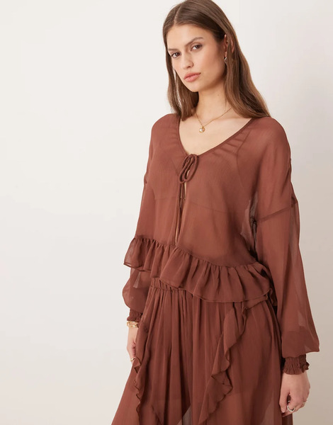 Glamorous Boho Crinkle Style Tie Front Blouse In Brown Co Ord 