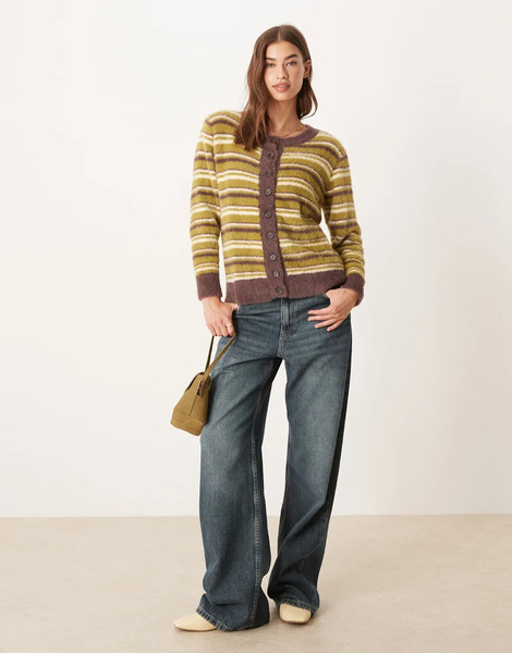  Glamorous Boxy Fit Fluffy Cardigan In Olive Brown Stripe Multi 