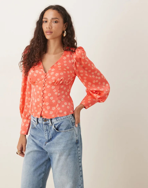  Glamorous Button Front Blouse In Pink Fuschia Ditsy 