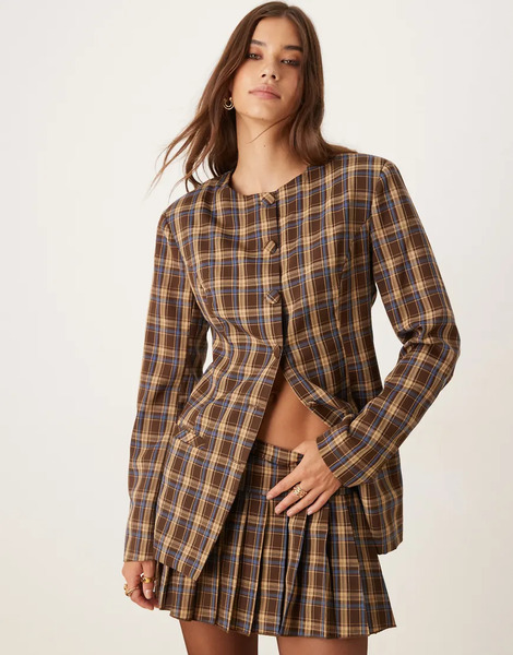  Glamorous Button Up Collarless Structured Blazer In Multi Check Co Ord 