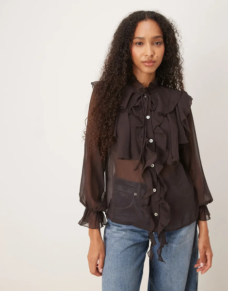  Glamorous Button Up Tie Front Ruffle Blouse In Deep Brown 